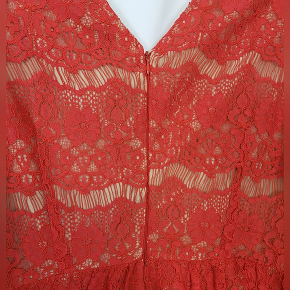 Maeve Anthropologie Katrine Red Orange Peplum Lace Short Cap Sleeve Blouse Sz L - Picture 6 of 8
